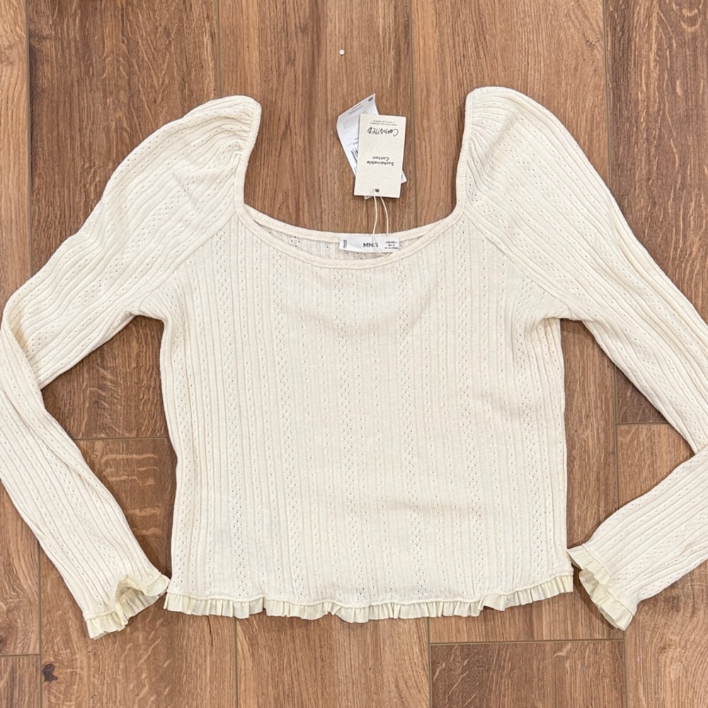 MANGO Cream Ribbed Long Sleeve Top